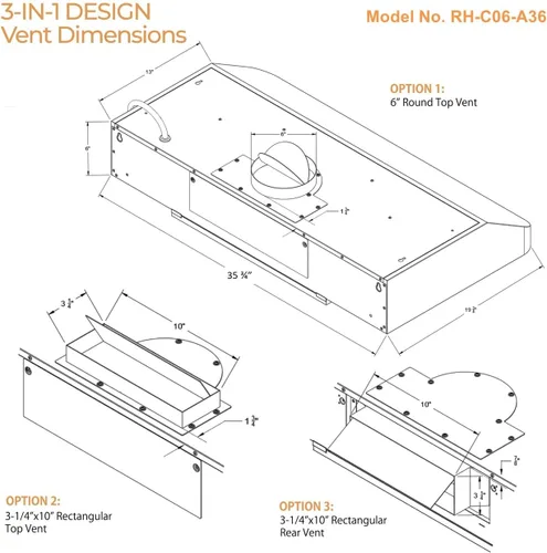 Miniatura 6 de Awoco RH-C06-A36 Classic - Campana extractora de acero inoxidable de 0.039 in de alto y 0.039 in de grosor, 4 velocidades, 900 CFM, con 2 luces LED