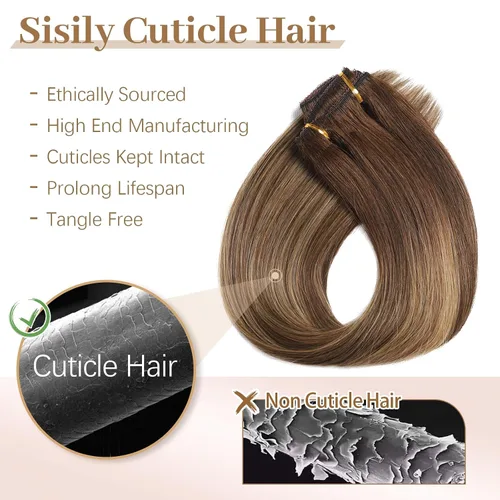 Miniatura 5 de Sisily - Extensiones de cabello con clip de cabello humano real, 30 cm 70 g, balayage de marrón chocolate a rubio, 100% cabello humano Remy