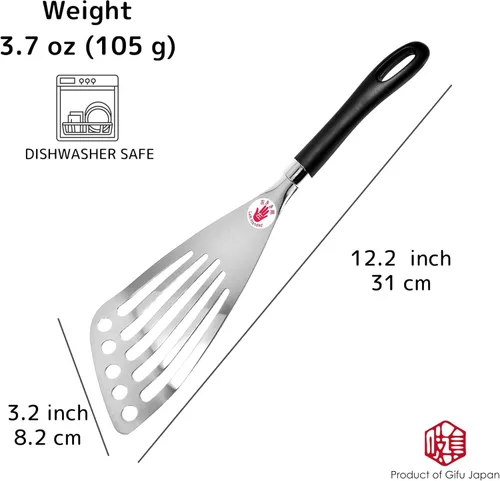 Miniatura 2 de Espátula de mano izquierda de acero inoxidable de Seki Japón, espátula para huevos y pescado - volteador ranurado, utensilios para voltear huevos 30