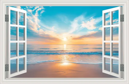Calcomanía de pared falsa para ventana, atardecer de verano, paisaje marino, océano, playa, póster de ventana falsa para decoración de pared