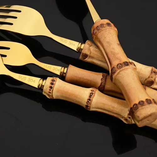 Miniatura 3 de JASHII Juego de cubiertos dorados de acero inoxidable 304, juego de cubiertos de 16 piezas con mango de bambú, servicio para 2, con 1 cuchara