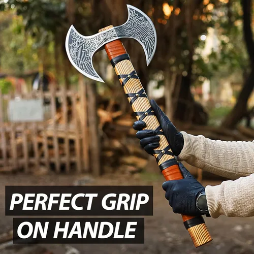 Miniatura 3 de SHINY CRAFTS® Hacha Vikinga Hecha a Mano – Hoja Nórdica Grabada con Mango de Madera Regalo Único para Hombres, Coleccionistas, Cosplay y Decoración