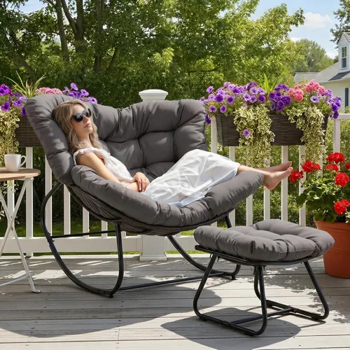 Wisteria Lane Mecedora de patio con otomana, silla mecedora de huevos para interiores y exteriores con cojines, silla Papasan de metal de gran