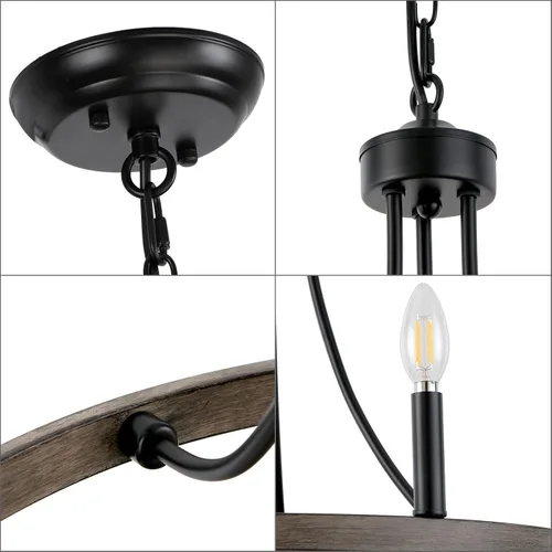 Miniatura 5 de Candelabro de rueda de vagón, 6 luces, rústico, rústico, de granja, de metal negro, lámpara de comedor de madera, candelabros redondos para entrada