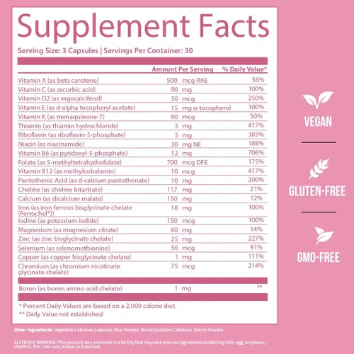 Miniatura 6 de GoBiotix Vitaminas prenatales veganas con hierro, calcio, vitamina D2, C, zinc y ácido fólico para mujeres embarazadas y antes del embarazo