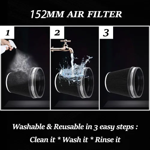 Miniatura 4 de 6" 152 mm Filtro de aire de entrada de alto flujo, Filtro de cono de admisión de aire de repuesto de rendimiento lavable con abrazadera en seco, 6