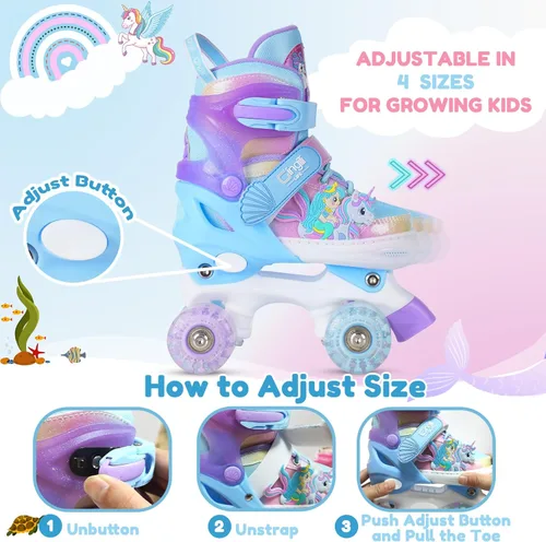 Miniatura 5 de Patines de ruedas para niñas de 3 a 12 años, patines ajustables con luz para niños pequeños, principiantes, unicornio, sirena, arco iris, regalo