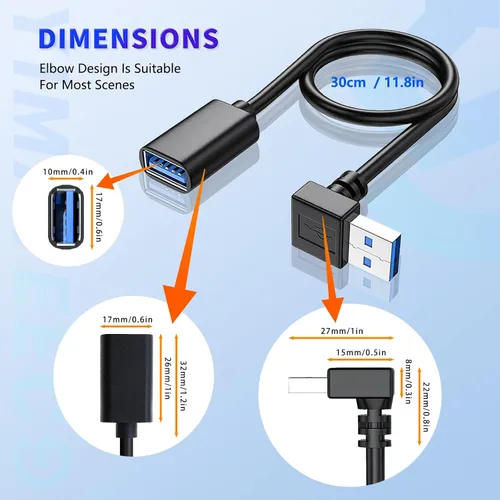 Miniatura 2 de Cable de extensión USB3.0 en ángulo descendente, cable de extensión USB A hembra a USB-A macho, cable extensor con contactos chapados en oro