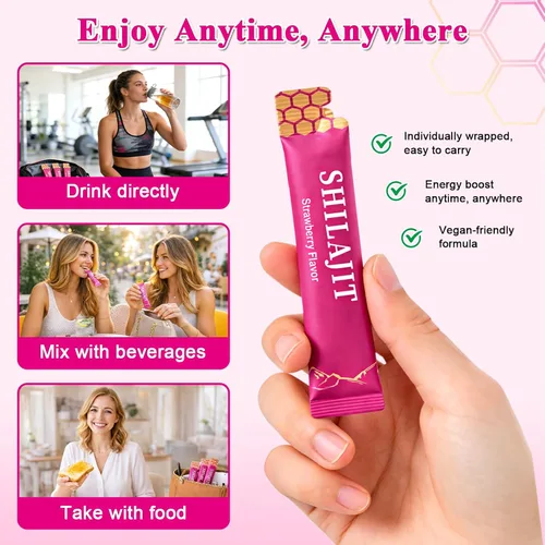 Miniatura 6 de Palitos de miel Shilajit para mujer, palitos de miel de fresa con miel orgánica, shatavari y azafrán, sabor terroso y aromático, pajitas Shilajit