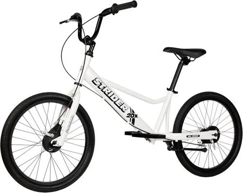 Strider 20x, color blanco, bicicleta de equilibrio para aprender a montar para mayores de 8 años, incluye frenos de mano de tambor dobles y soporte