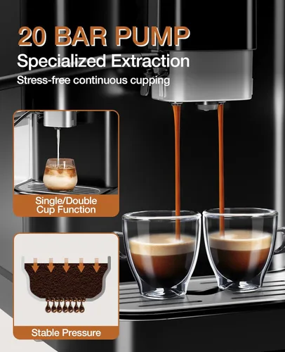 Miniatura 4 de Máquina automática de café expreso con presión de 20 bares, cafetera de un solo toque, molinillo integrado y espumador de leche, 6 recetas Negro