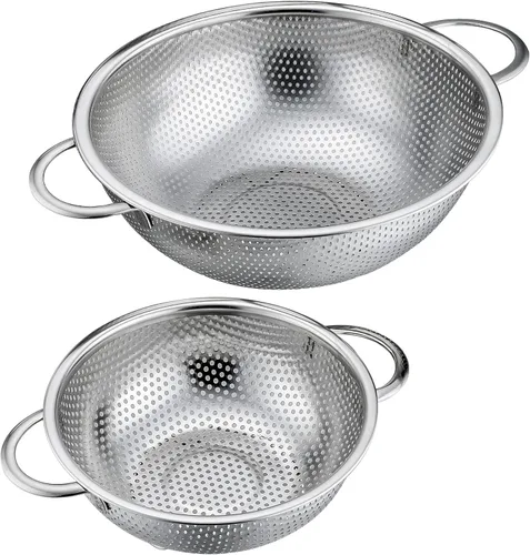 P&P CHEF Colador de acero inoxidable, colador de alimentos microperforado con asa para lavar y drenar, ideal para pasta, frutas, verduras, apto para