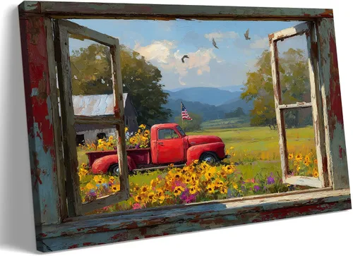 Miniatura 11 de Decoración rústica de granja en lienzo con ventana abierta, impresiones artísticas para pared, pintura de camión viejo, lienzo de granero y bandera