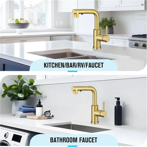 Miniatura 7 de CREA Grifo de Cocina Dorado con Pulverizador Extraíble - Grifo para Fregadero de Baño y Utilidad - Manija Única, 3 o 1 Agujero
