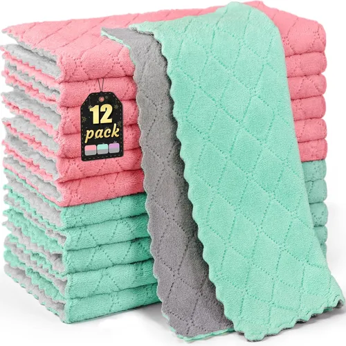 Miniatura 9 de Paquete de 12 paños de cocina de 12 x 12 pulgadas, paño de limpieza de microfibra de terciopelo coral grueso, paños de cocina altamente absorbentes