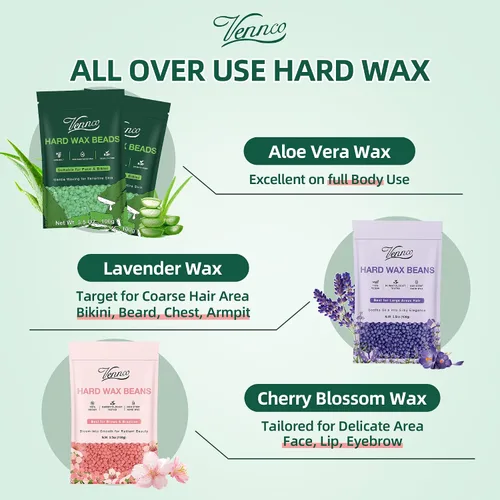 Miniatura 3 de Kit de perlas de cera dura Vennco para depilación, 36 piezas de perlas de cera para todo el cuerpo, cara y bikini brasileño, aloe, lavanda, flor
