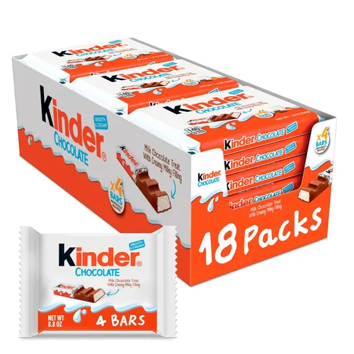 Kinder Chocolate, 18 paquetes de cuatro unidades, barra de chocolate con leche con relleno cremoso lechoso, dulces envueltos individualmente, 1.8