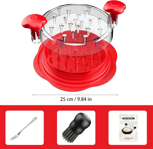 Miniatura 8 de SURETIVIAN Desmenuzadora de Pollo Desmenuzadora de Pechuga de Pollo Grande Herramienta Giratoria con Cepillo y Tenedor, Máquina Desmenuzadora de Rojo