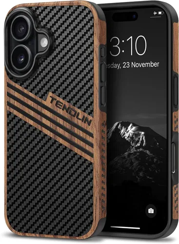Miniatura 40 de TENDLIN Compatible con iPhone 17 Pro Max Funda de madera con textura de fibra de carbono Diseño de cuero híbrido delgado (negro)