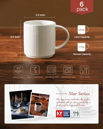 Miniatura 4 de Juego de Tazas de Café Famiware para 6, Tazas de 12 oz con Asa para Café, Té, Cacao, Leche - Juego de Vajilla de Cerámica y Gres, Blanco Mate Blanco