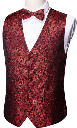 Miniatura 86 de Barry.Wang Conjunto de chaleco de pajarita para hombre, chaleco con cuello en V de seda jacquard de cachemira, gemelos de pañuelo formal/ocio, boda