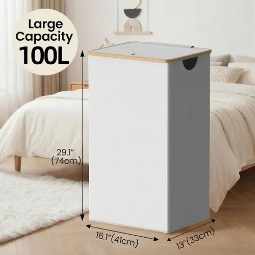 Miniatura 2 de efluky Cesta de lavandería con tapa y bolsa extraíble, cesta de lavandería de 100 litros de alto con asas de bambú, papelera estética para ropa Gris
