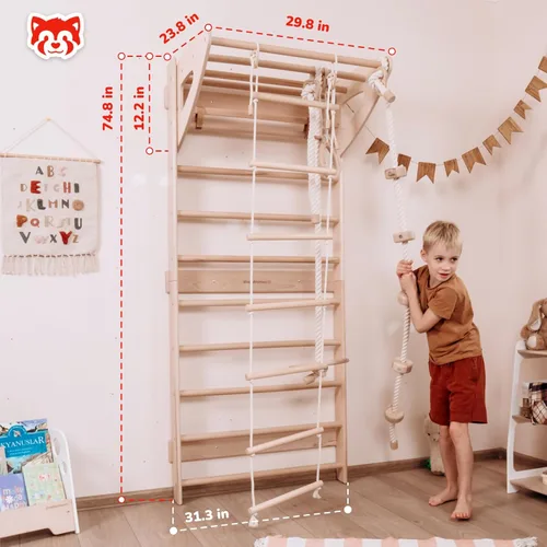 Miniatura 4 de Escalera sueca para niños para juegos activos en interiores, barra de dominadas ajustable, escalera de cuerda, anillos de gimnasia, cuerda