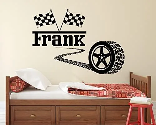 Miniatura 2 de Calcomanía de pared personalizada para neumáticos de automóvil de carreras, bandera de coche de carreras F1, calcomanía de vinilo para pared