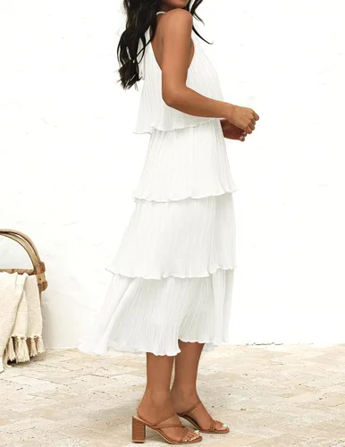 Miniatura 3 de ZESICA Vestido largo midi de gasa con capas escalonadas y cuello halter para mujer, 2024