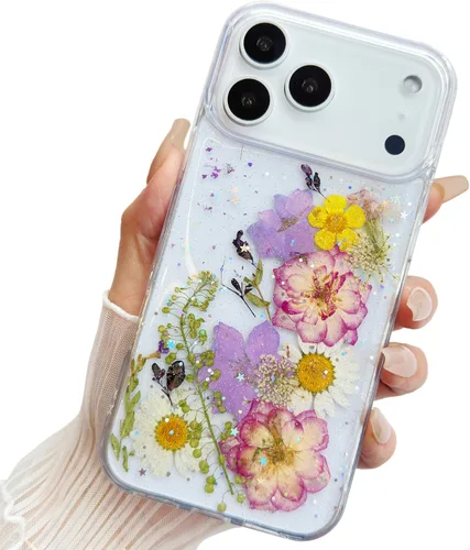 Miniatura 7 de Funda floral para iPhone 17 con flores reales prensadas, bonito diseño de flores secas prensadas transparentes con purpurina para mujer, suave TPU