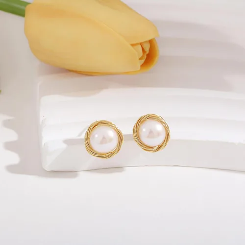 Miniatura 6 de Aretes de perlas para mujer, perlas redondas blancas, aretes de oro envueltos de alambre, joyería hecha a mano para mamá, amante y ella
