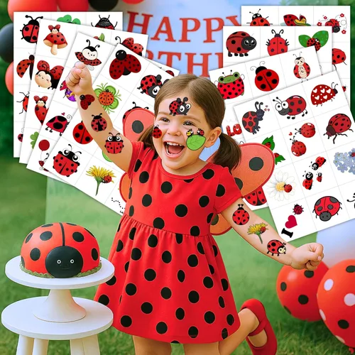 Miniatura 2 de 96 tatuajes temporales precortados de mariquita para niños, lindos tatuajes de insectos de Lady Beetle, recuerdos de fiesta, decoraciones