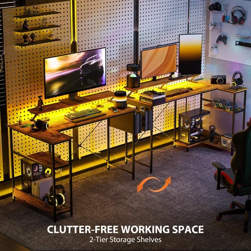 Miniatura 7 de HOMCOM Escritorio para juegos en forma de L de 58 pulgadas con tomas de corriente y luces LED, escritorio reversible para computadora con soporte