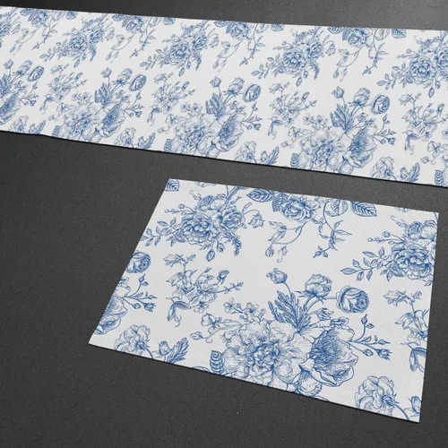 Miniatura 5 de Juego de 6 manteles individuales y camino de mesa floral azul y blanco, elegante juego de tapetes de comedor de lino con patrón botánico vintage