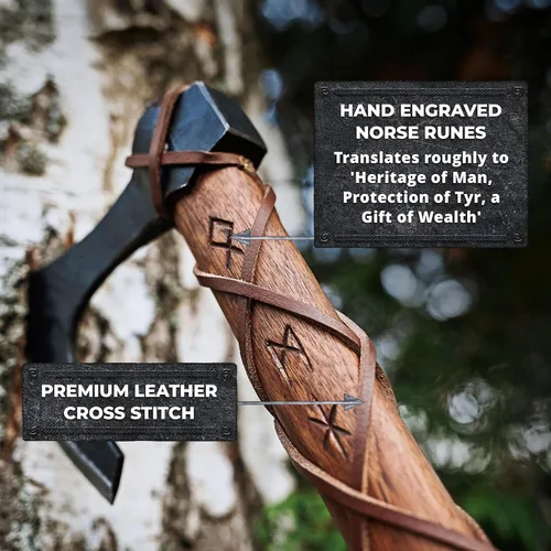 Miniatura 3 de Hacha de batalla vikingo a dos manos con cabeza de hacha barbuda Skegg de acero EN45, eje de madera de teca con runas nórdicas grabadas a mano - The