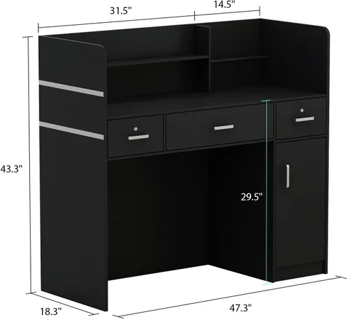 Miniatura 2 de Homsee Moderno escritorio de recepción con 3 cajones, armario de almacenamiento de 1 puerta y estante de gabinete, escritorio de madera