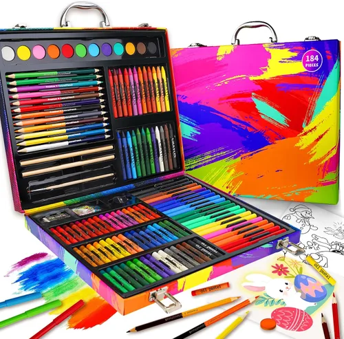 Cokiki Kit de arte de 184 piezas para niños de 6 a 12 años, juego de dibujo definitivo con pasteles al óleo, crayones, pasteles de acuarela y bloc