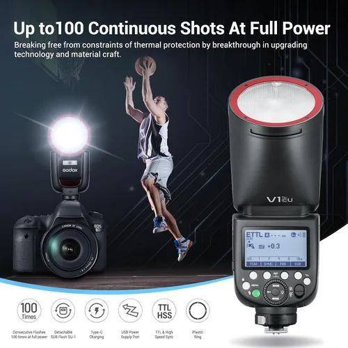 Miniatura 5 de Godox V1Pro-C versión USA Flash para Canon, V1Pro-CU Flash de cámara Speedlite con subflash desmontable, batería de carga USB-C, luz de modelado