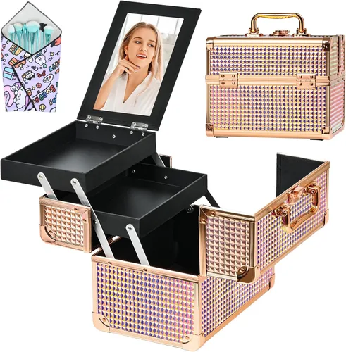 Miniatura 12 de Neceser de Tren de Maquillaje, Estuche de Maquillaje Portátil con Espejo, Organizador de Cosméticos de 2 Bandejas, Organizador de Esmalte de Uñas