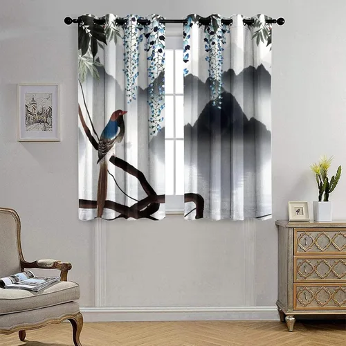 Miniatura 4 de Cortinas opacas para oscurecer la habitación con ojales, diseño de flores japonesas con ojales, arte retro de primavera y ramas florales, arte
