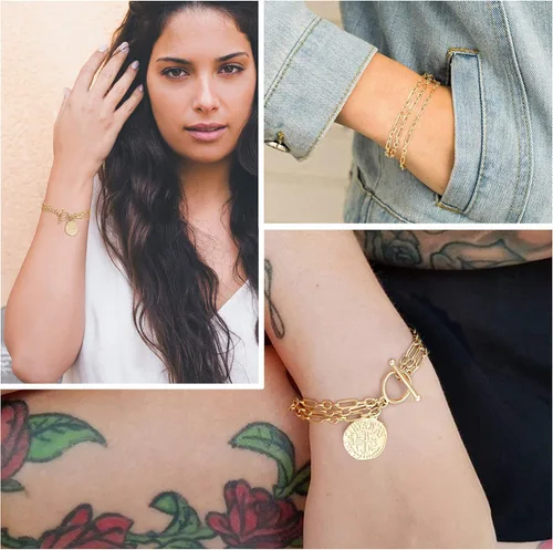 Miniatura 5 de PEARLADA 18k Gold Chain Layerd Bracelet Coin Charm Toggle Bracelet Trendy Cubic Zirconia Jewelry