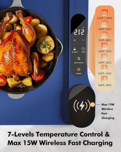 Miniatura 2 de Tapete de calentamiento de alimentos con cargador inalámbrico, calentador de alimentos extra grande de 34 x 15 pulgadas, tapete de calentamiento