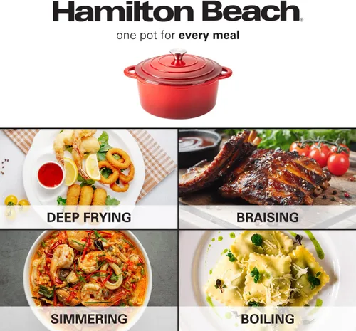 Miniatura 7 de Horno holandés de hierro fundido esmaltado Hamilton Beach de 5.5 cuartos de galón rojo, olla de horno holandés con tapa esmaltada en crema Rojo 2