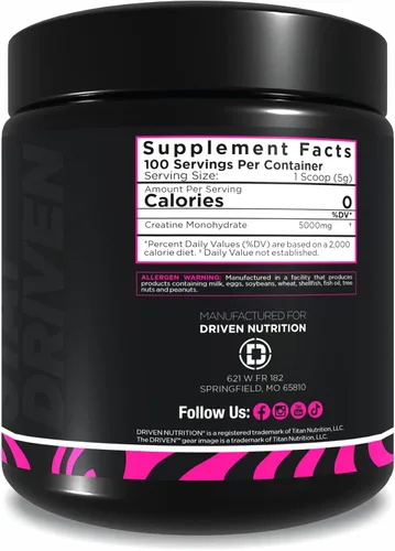 Miniatura 7 de Driven Nutrition Creatina, 17.64 oz – Polvo micronizado sin sabor, rendimiento físico y cognición – 0.18 oz por porción para reducir la fatiga