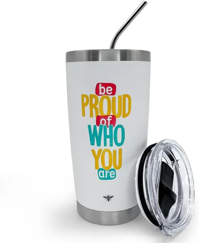 BEEYOND Vaso de 20 onzas, taza de café de viaje con tapa deslizante y popote, taza de café de acero inoxidable a prueba de derrames