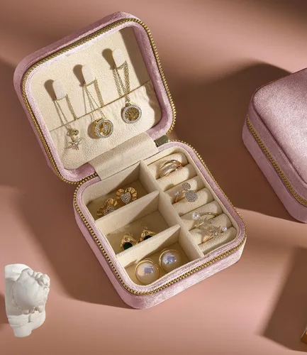 Miniatura 2 de TAIMY Joyero de viaje de terciopelo de felpa, pequeño estuche de joyería de viaje, mini cajas organizadoras de viaje portátiles para anillos