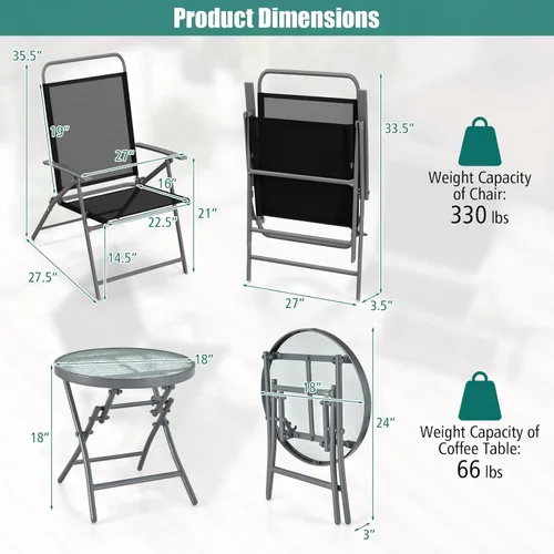 Miniatura 6 de Tangkula Juego de 3 sillas plegables para patio, juego de conversación de metal para exteriores con mesa auxiliar, asiento extragrande, marco