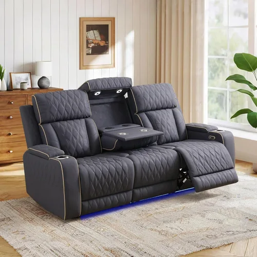 Miniatura 12 de Juego de sillones reclinables eléctricos con luces LED, juego reclinable de cuero acolchado con aire con puerto USB/almacenamiento/portavasos/luz