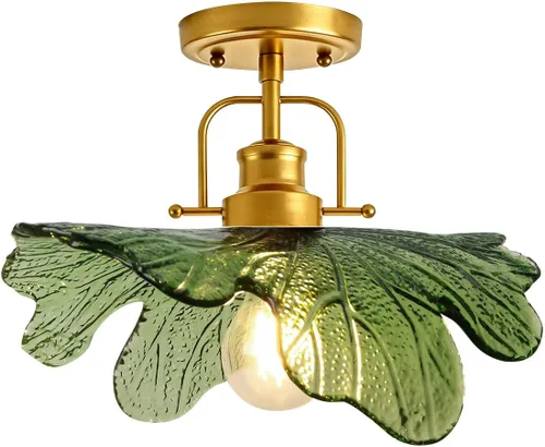 Miniatura 8 de Paquete de 2 lámparas de techo de cristal verde vintage, lámpara de techo semiempotrada, lámparas doradas para cerca del techo con pantalla
