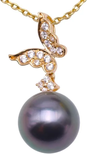 JYX Pearl - Colgante de mariposa de oro de 14 quilates, calidad AAA, 0.374in, redondo, color negro, perla cultivada en Tahití, para mujer de 18.0in
